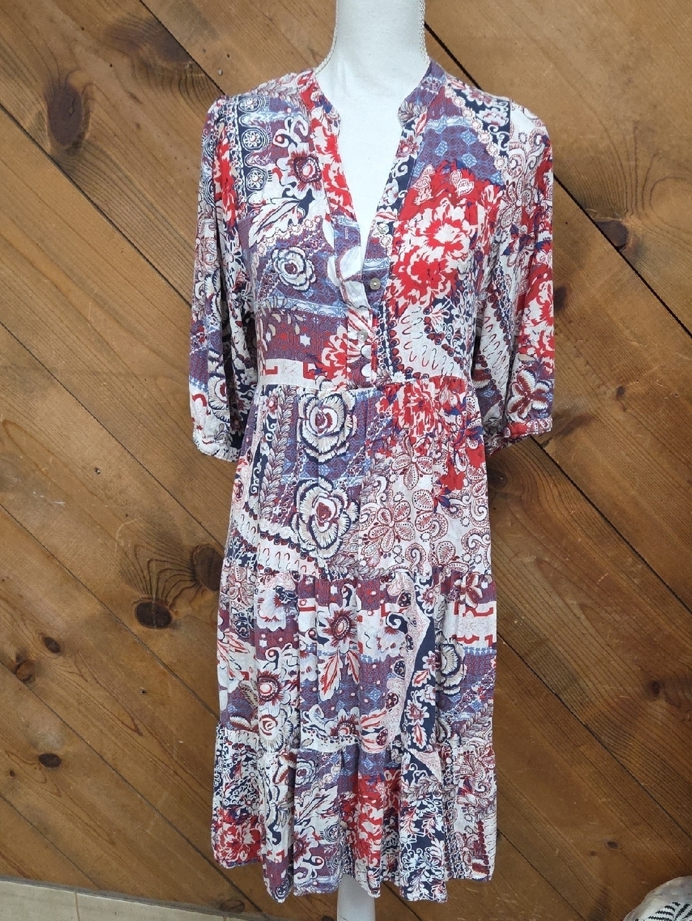 Hope Springs Boho Patchwork Floral Midi Dress in Red, Navy & White.  Medium